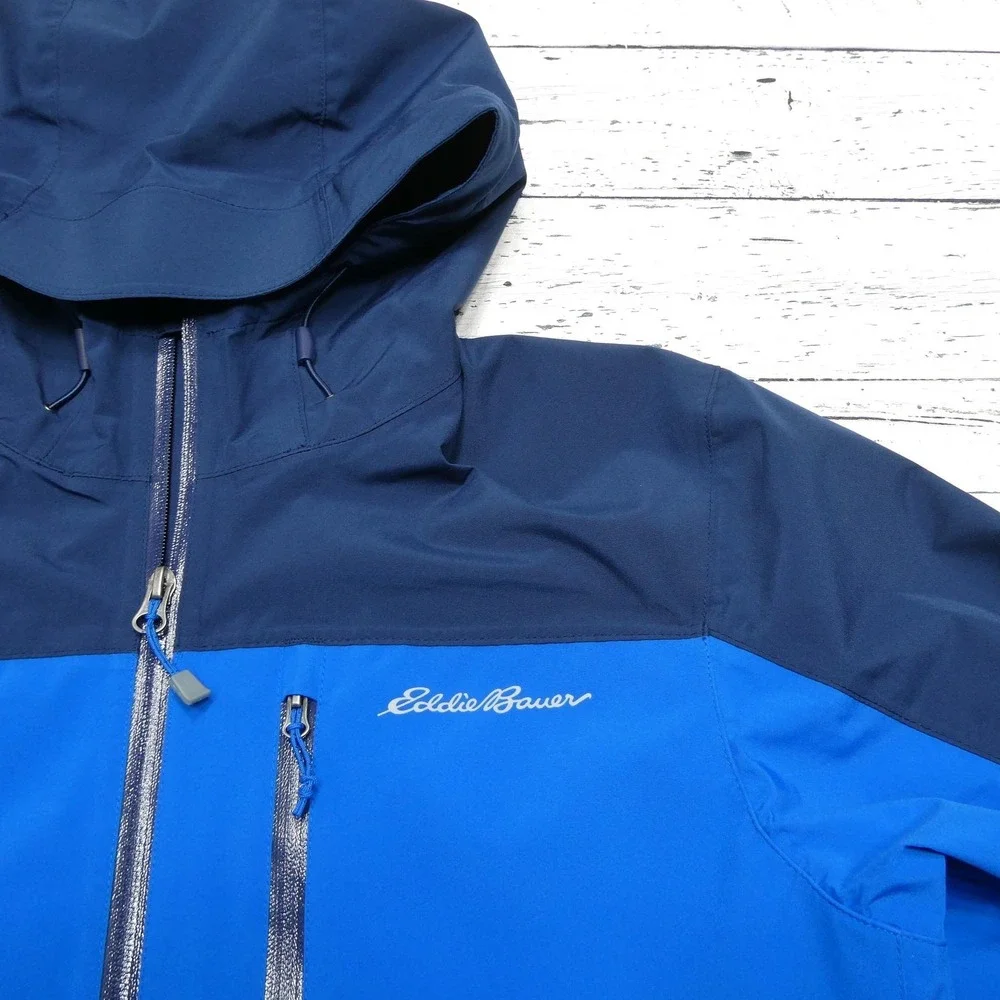 Eddie Bauer Jacket Mens Medium Blue WeatherEdge Stretch Hooded‎ Waterproof Zip